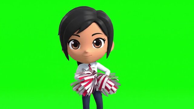 3d animated character performing cheerleading dance with pom poms on green screen background