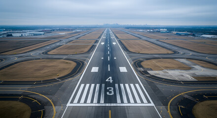 Fototapeta premium Aerial Perspective of Runway 43 at an Airport with Distant Cityscape under Cloudy Skies