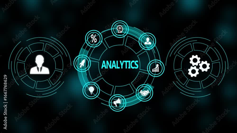 Aufkleber analytics concept on virtual screen interface. business, technology, internet and network concept. a