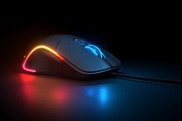 Modern glowing gaming mouse ready for esports tournament action or professional streaming, sleek and dynamic design, vibrant RGB lighting