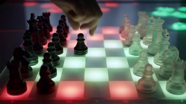 Playing Strategy Game on Lit Chess Board Game Pieces in Position
