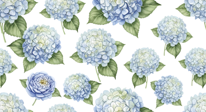 Elegant Hydrangea Floral Pattern in Soft Blues and Greens, Ideal for Textile Design, Stationery, and Delicate Backgrounds or Surface Design