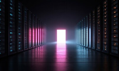 Server room with glowing exit, futuristic, data center, servers, technology, perspective