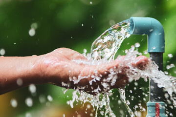 Cooling Refreshment: A human hand cupped to catch a stream of fresh, clean water gushing from a...