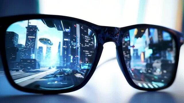 Futuristic cityscape reflected in stylish sunglasses, showcasing advanced technology and urban life