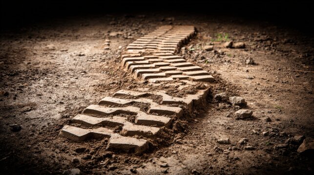 Long winding muddy dirt trail with tire tracks leading through an outdoor natural rugged environment