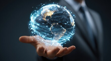 A businessman's open palm cradles a translucent, digitally rendered Earth, encircled by glowing lines suggesting global connectivity and data flow