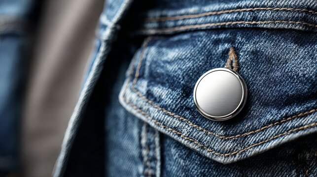 Close-up of a silver button on a denim jacket showcasing style and texture.