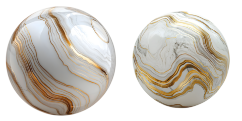 White and gold sphere with flowing marble veins isolated on a transparent background