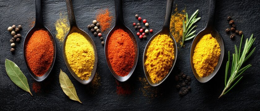 Assorted colorful ground spices arranged in black spoons with herbs and peppercorns on dark background - Powered by Adobe
