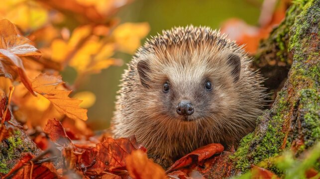 Autumn animal wildlife background - A cute hedgehog autumnal leaves landscape backdrop
