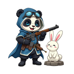 Cute Panda Character in Blue Outfit with Rabbit and Gun Illustration