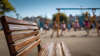 wooden bench playground equipment blurred background recreational park outdoor activity