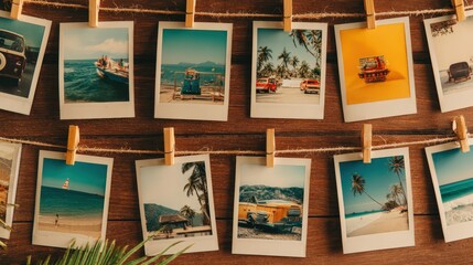 Nostaic Polaroid photos hanging on st with wooden clothespins in tropical beach setting