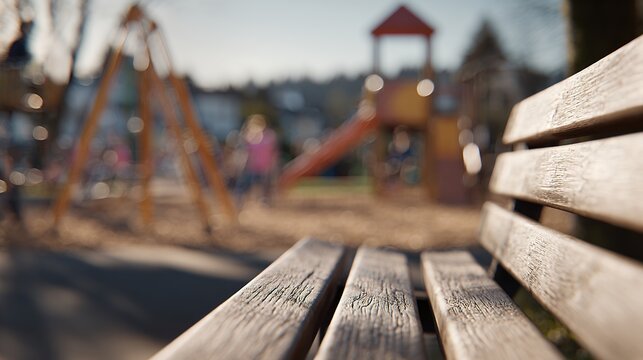 wooden park bench bokeh playground equipment blurred background sunny day outdoor recreation area