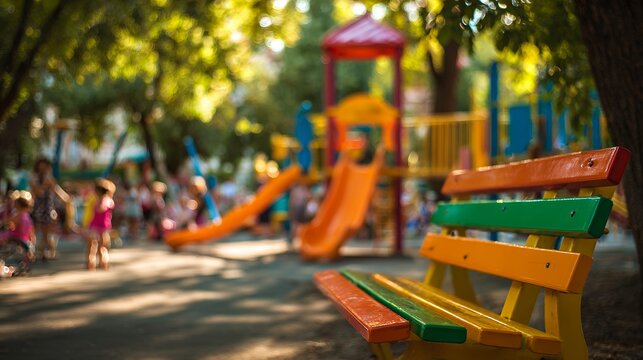 playground equipment in public park with wooden bench and blurred children playing outdoors in summer