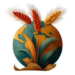 World Food Day illustration - wheat stalks with globe isolated on transparent background