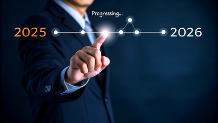 Confident businessman interacting with futuristic timeline forecasting progress from 2025 to 2026