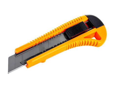 Utility knife cutter blade sharp cutting tool orange stationery equipment on transparent background