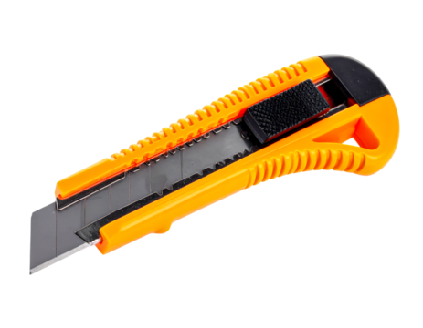 Utility knife cutter blade sharp cutting tool orange stationery equipment on transparent background
