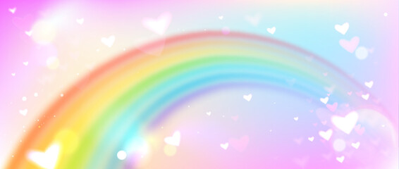 Magical unicorn rainbow with rain sparkles isolated on sky gradient blending with glowing hearts. Dreamy arc curves through pastel heaven for fantasy backgrounds or children fairy party design. © klyaksun