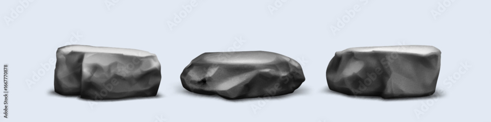 Aufkleber grey stone podium rock platforms with rough carved surfaces and angular edges isolated on background
