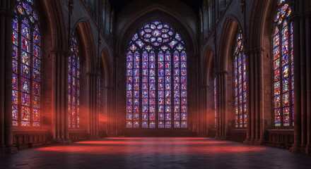 荘厳な大聖堂のステンドグラス、幻想的な雰囲気、教会風