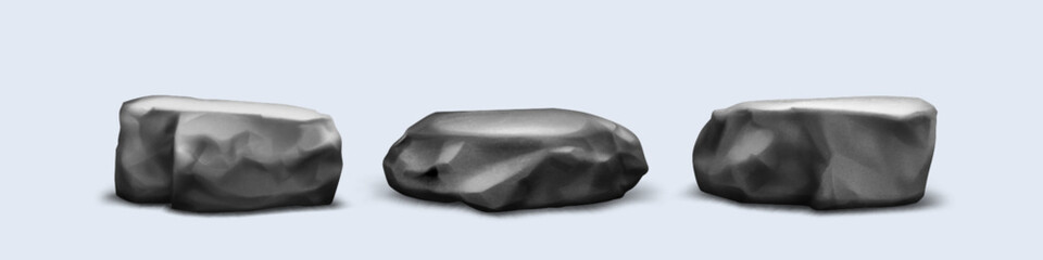 Obraz premium Grey stone podium rock platforms with rough carved surfaces and angular edges isolated on background for display. Natural pedestal with different shapes and realistic textures for product presentation