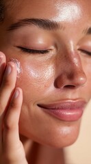 A close-up of a woman applying skincare cream to her face, showcasing a radiant complexion and healthy skin texture, highlighting self-care and beauty routines.
