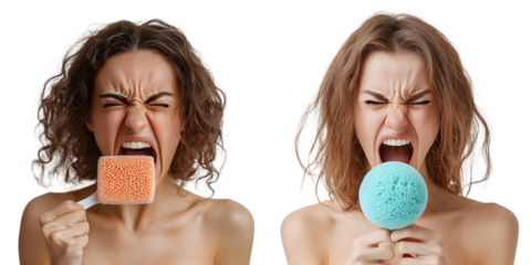 Woman holds facial sponge in studio screaming very angry and aggressive isolated on a transparent background