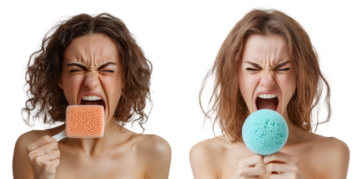 Woman holds facial sponge in studio screaming very angry and aggressive isolated on a transparent background - Powered by Adobe