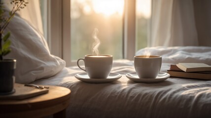 Cozy Minimalist Bedroom with White Sheets and Morning Sunlight and Steaming Coffee