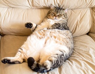 A chubby cat lounging on a sofa with its belly up 