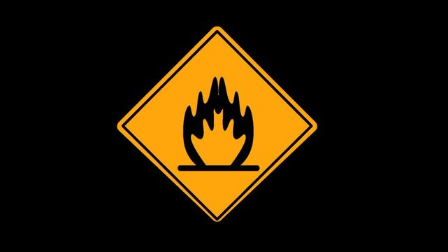 Animated fire warning sign. Flat black fire icon with dynamic motion. Yellow square background. Simple safety symbol animation. 