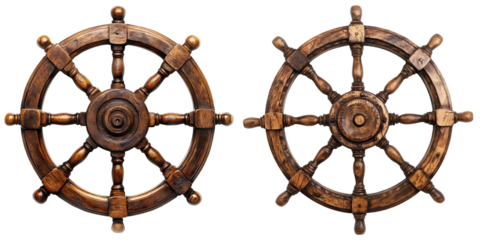 Wooden ship's steering wheel isolated on a transparent background