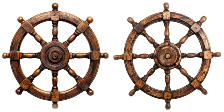Wooden ship's steering wheel isolated on a transparent background