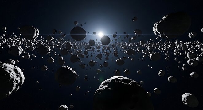 Vast Asteroid Field with Distant Sun in Deep Space Cosmic Background