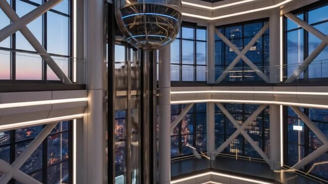 Modern glass elevator moves between floors in a high-rise building with city skyline at dusk