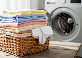 Wicker laundry basket with folded pastel clothes on table and blurred washing machine in background