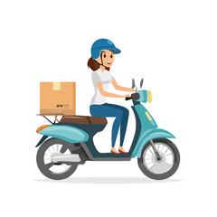 A cheerful cartoon woman in a helmet rides a blue scooter with a package on the back, illustrating a delivery service.