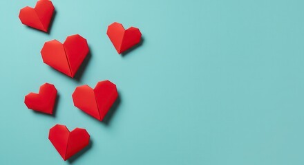 Playful floating origami hearts on pastel cyan &ndash; whimsical love concept for greeting cards and social media ads in 8K.