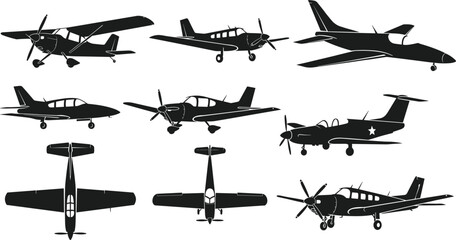Small aircraft silhouettes, general aviation plane vector, propeller airplane illustration, flight concept, aviation design, pilot training, air transport, isolated black graphic