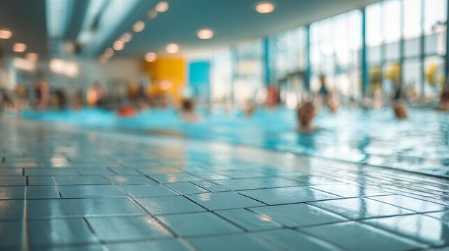 indoor swimming pool facility blurred tiles water reflections blue aquatic sports center