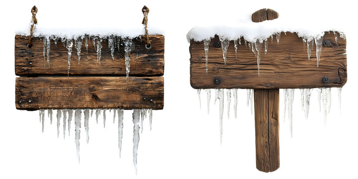 Wooden sign with snow and icicles isolated on a transparent background