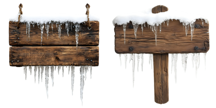 Wooden sign with snow and icicles isolated on a transparent background