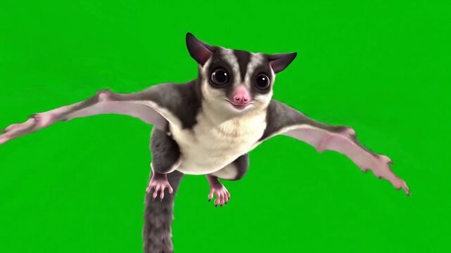 Animated flying sugar glider with green screen background showcasing gliding motion