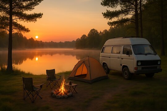 Camp set up beside a van near a lake at sunrise, light fog on water, peaceful reflection, storytelling visual. Generative AI
