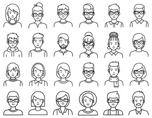 People Avatar Icons Set. 25 Minimal Outline Profile Faces, avatar, avatars, people, person, profile, user, users, face, faces, Line Style, Monochrome.