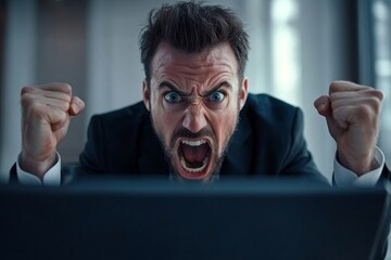 Frustrated businessman experiences computer problems at work, struggling to solve them, Generative AI