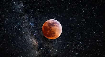 Obraz premium Full Lunar Eclipse Blood Moon Celestial Event Occurring in Deep Space with Stars and Galaxy